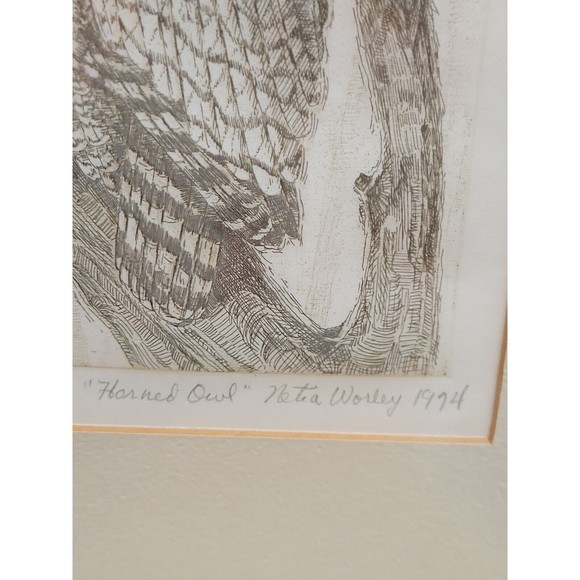 Netia Worley 1974 Etching Horned Owl Numbered 55/200 Artist Pencil Signed - Picture 6 of 10